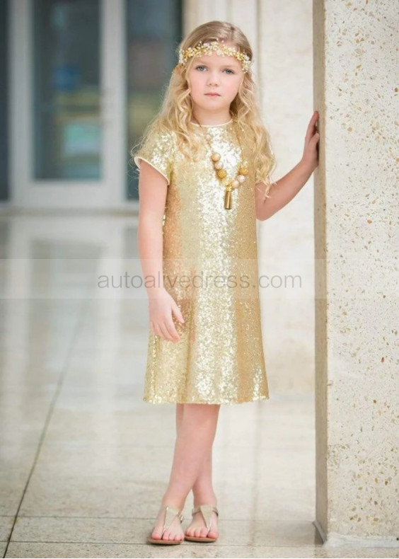 Short Sleeves Gold Sequin Knee Length Flower Girl Dress